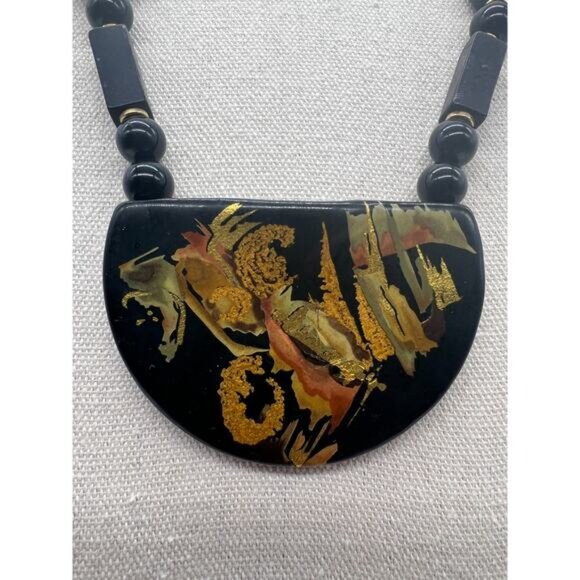Vintage Black Wooden Lacquer Hand Painted Asian Dragon Abstract Japan Necklace - Picture 2 of 8
